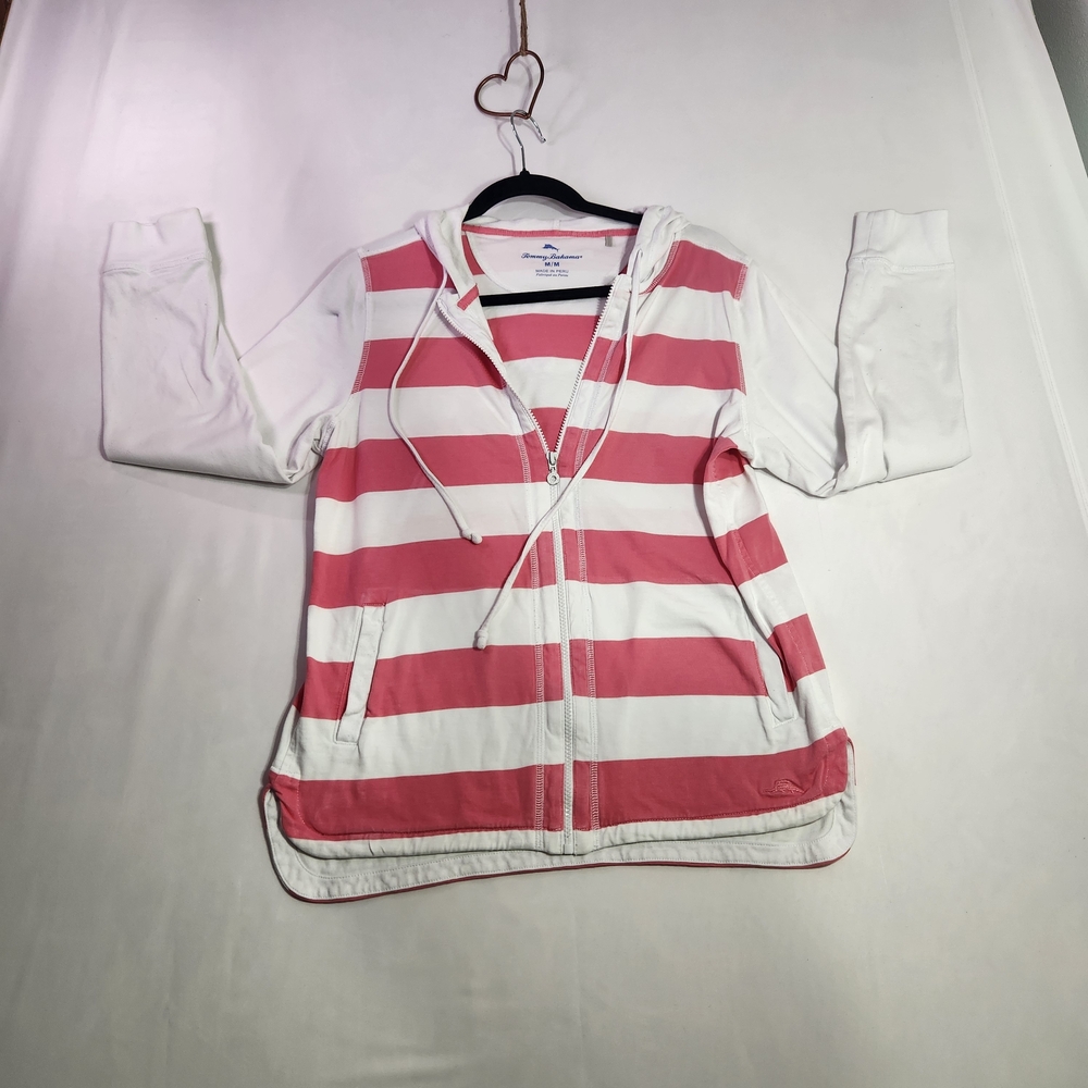 ⭐️Tommy Bahama Pink White Striped Zip Up Hoodie Medium Resort Beach Coastal - Picture 2 of 8